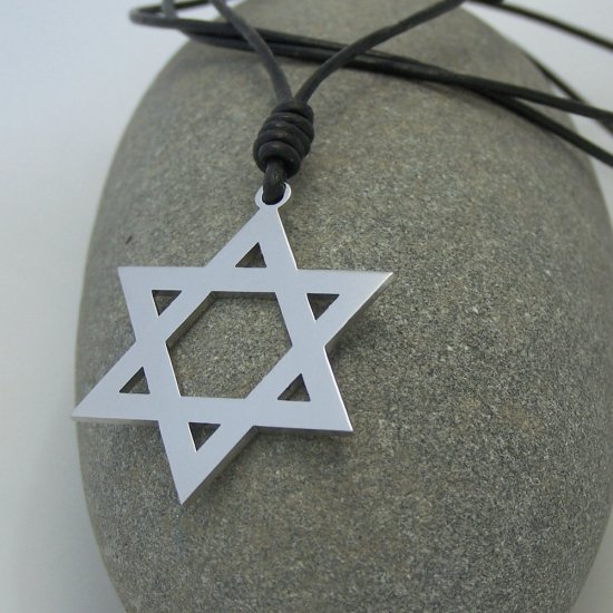 Star of David, stainless steel pendant on natural leather cord. A surfer style necklace