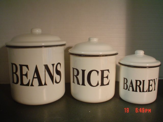 ENAMELWARE CANISTERS – BEAN, RICE, BARLEY