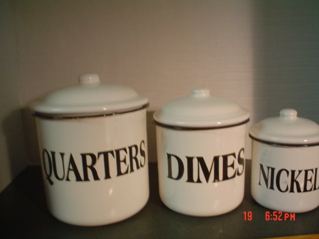 BLACK AND WHITE ENAMELWARE COIN CANISTERS â Quarters, Dimes and Nickels