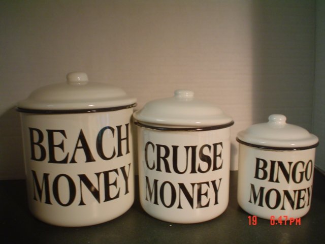 BLACK AND WHITE ENAMELWARE CANISTERS –Beach Money, Cruise Money, Bingo Money