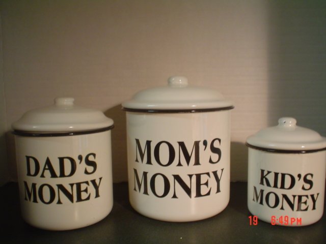 BLACK AND WHITE ENAMELWARE CANISTERS – Mom’s Money, Dad’s Money and Kids Money