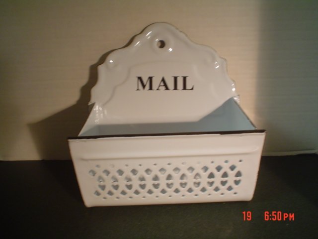 BLACK AND WHITE ENAMELWARE WALL MAIL HOLDER BIN
