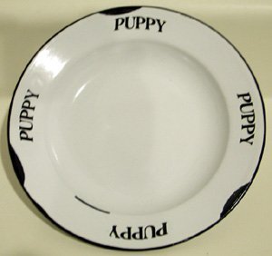 BLACK & WHITE ENAMELWARE PRIMITIVE PUPPY PLATE