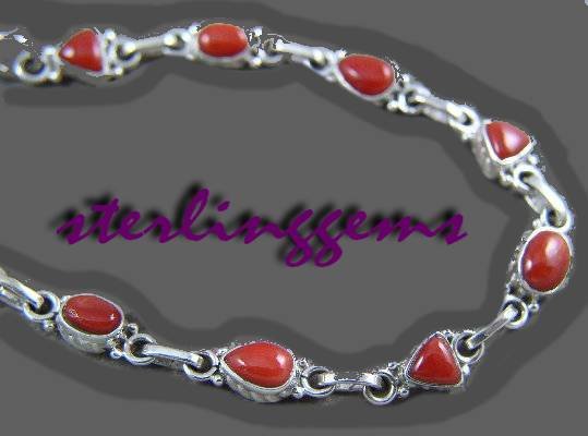 STERLING SILVER 9 STONE CORAL BRACELET LINK