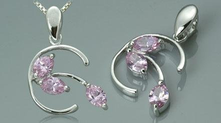 Sterling Silver 3 Stone Marquise Cut Pink CZ Pendant