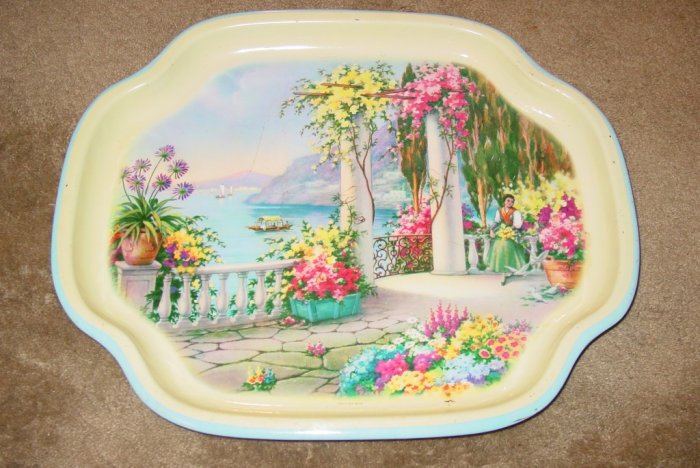 Vintage Large Metal Elite Trays UK Lady Veranda Water Flowers