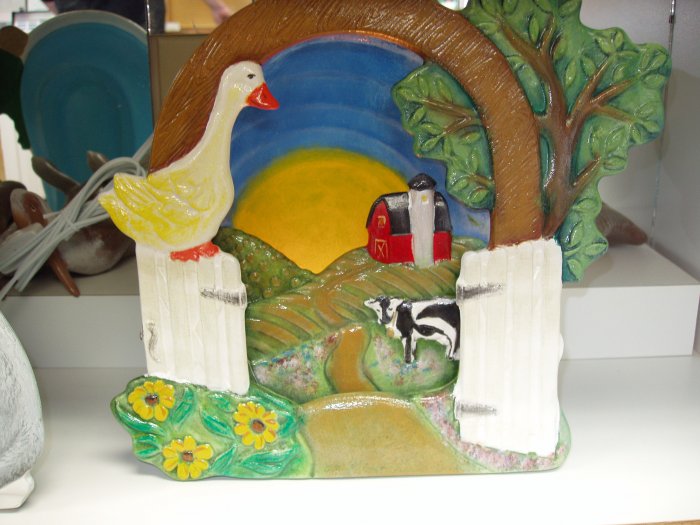 Handpainted Country Scene with Cow, Barn and Goose Lighted Silhoutte, Night Light, Ceramic
