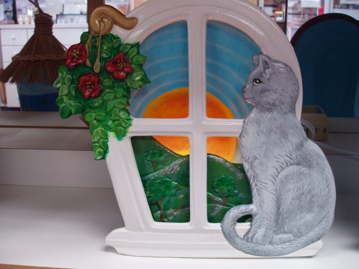 Handpainted Ceramic Silhouette Night Light Cat sitting on Windowsill