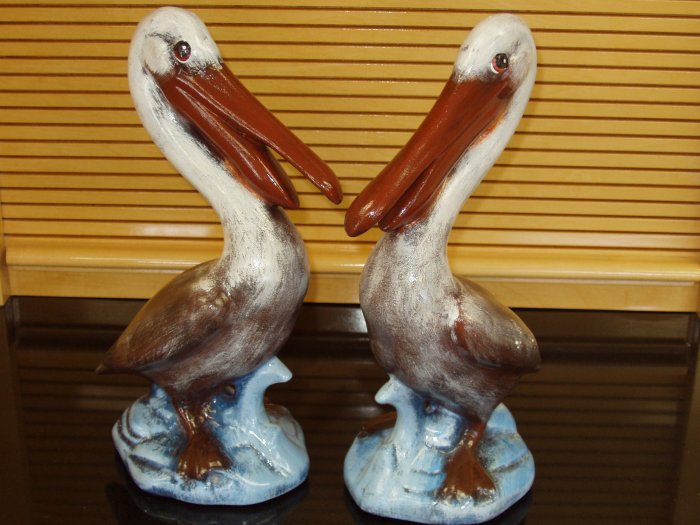 Pair Ceramic Pelicans Indoor Outdoor Home and Garden Decor Handpainted