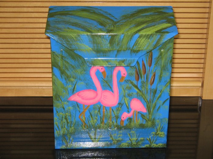 Flamingo Wall Mount Mailbox Handpainted with Palm Trees and Cattails Vertical 10