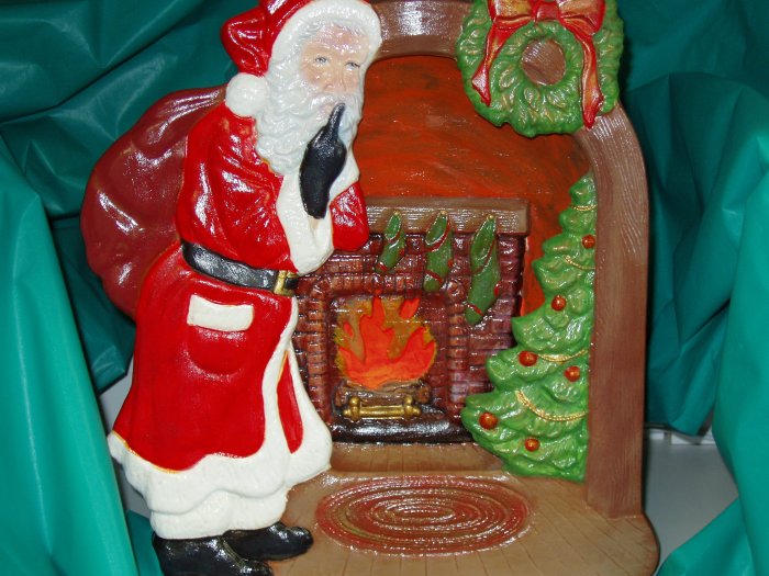 Ceramic Christmas Scene Lighted Silhoutte with Santa By The Fireplace