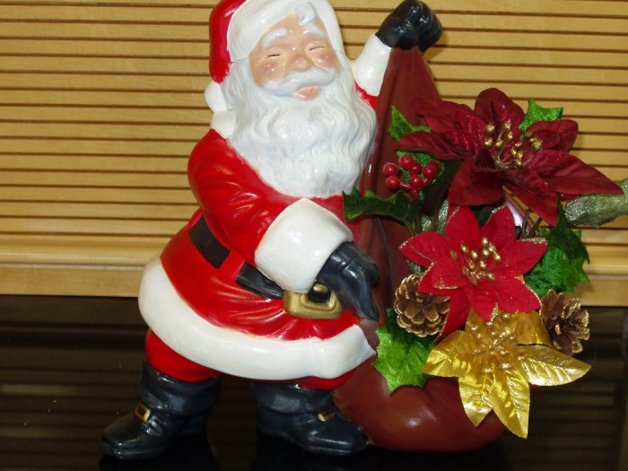 Large Santa with Sack filled with Pointsettia's Ceramic Handpainted