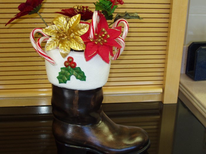 Decorative Santa Boot Filled with Silk Pointsettia's Ceramic Handpainted