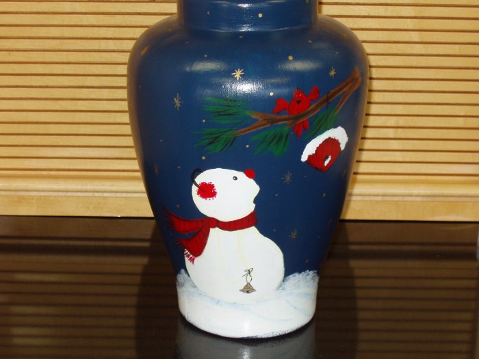 Ceramic Vase Handpainted with Snowman Scene Holiday Home Decor