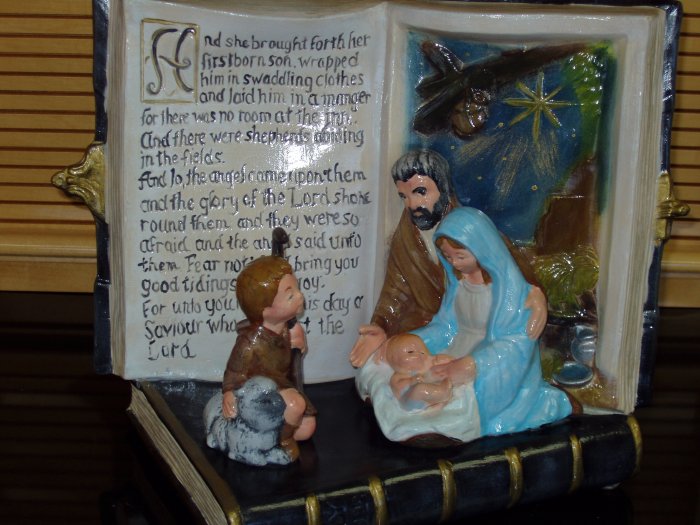 Nativity Scene with Open Bible Christmas Verse Ceramic Handpainted