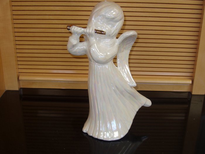CERAMIC ANGEL WITH FLUTE LUSTER GLAZE AND GOLD ACCENTS