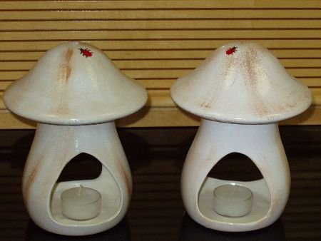PAIR OF HANDPAINTED CERAMIC MUSHROOM TEA LIGHT LANTERNS
