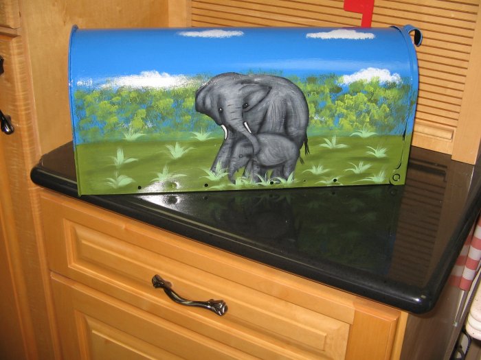 Hand Painted Mailbox with Mother and Baby Elephant Design