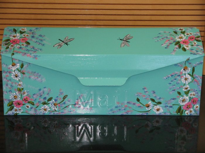 Hand Painted Wall Mount Floral Design w/Dragonflies Mailbox