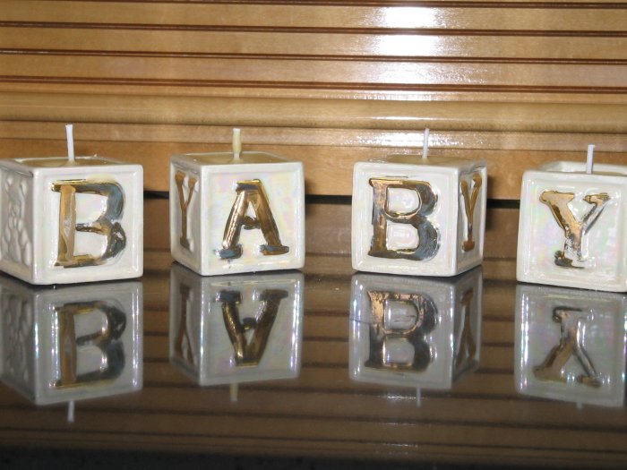 Ceramic Baby Blocks Soy Wax Candle Filled Gold Accents