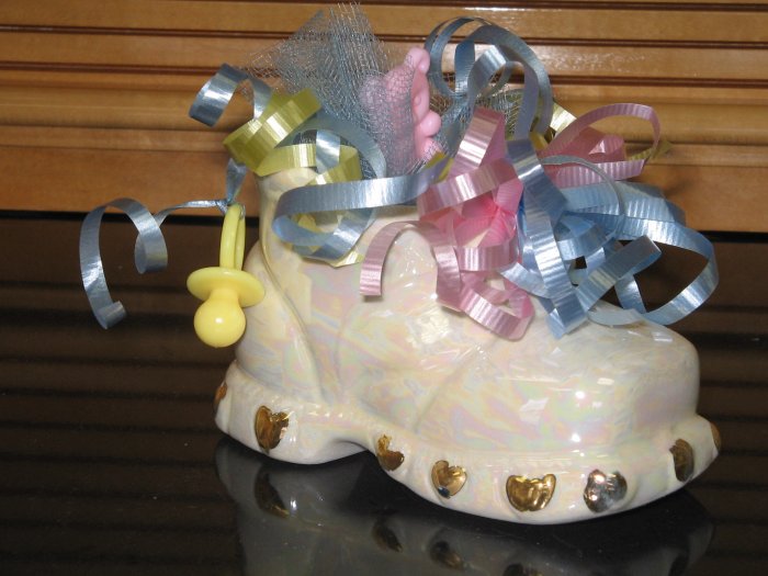 Ceramic Handcrafted Baby Shoe Shower Favor Luster Gold Accent
