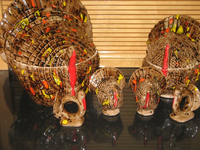 Handcrafted Ceramic Turkey Covered Bowls Napkin Rings Salt Pepper Shakers Thanksgiving