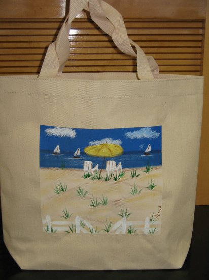 Beach Scene Canvas Tote Bag Reusable Hand Painted