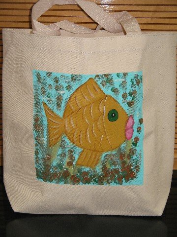 Hand Painted Funky Fish Design Canvas Tote Bag
