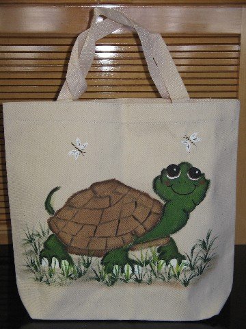 Canvas Tote Bag Hand Painted Turtle Dragonfly's Design