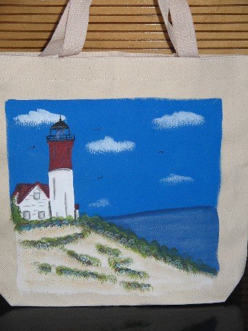 Hand Painted Lighthouse Design Canvas Tote Bag