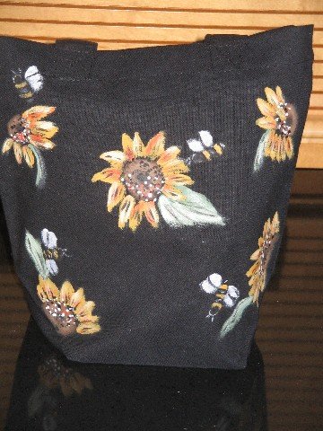Mini Gift Tote Bag Hand Painted Sunflowers Bees Cotton