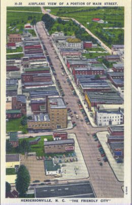 Linen Postcard. Airplane View of a Portion of Main Street, Hendersonville, N.C.