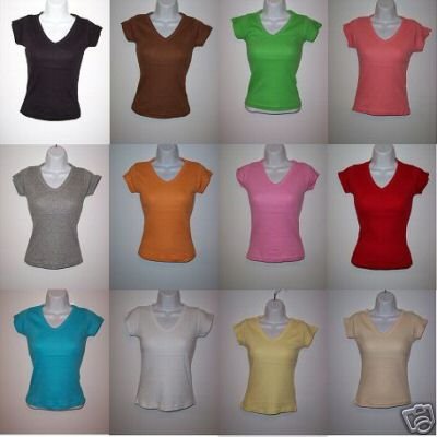 DESIGNS BY SIMEX FORM-FITTING RIBBED V-NECK TEES 12PCS LOT ,- med