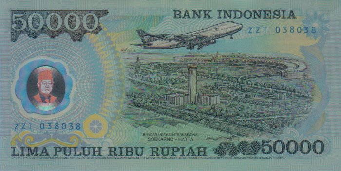 UNC Bank Indonesia 1993 Plastic IDR $50,0000 Banknote : ZZT 038038