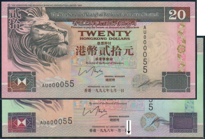 A-UNC Hong Kong HSBC HK$20 + HK$50 TWIN Banknote : AU = AUSTRALIA 000055