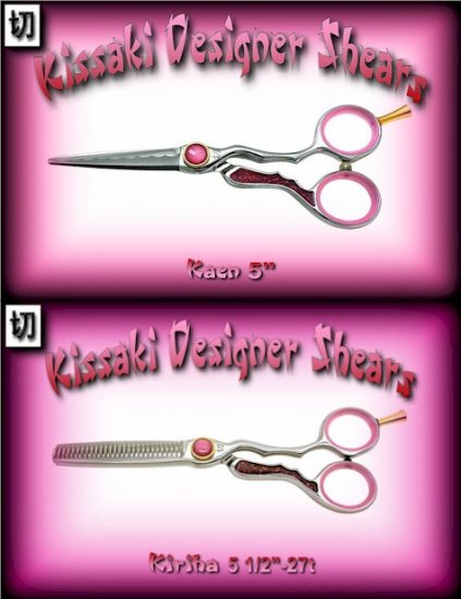 Kissaki Pro Hair Stylist 5 inch Kaen & 5.5 inch Kiriha 27 tooth Pink Designer Shears Scissors Combo