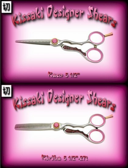 Kissaki Pro Hair Stylist 5.5 inch Kaen & 5.5 in. Kiriha 27 tooth Pink Designer Shears Scissors Combo