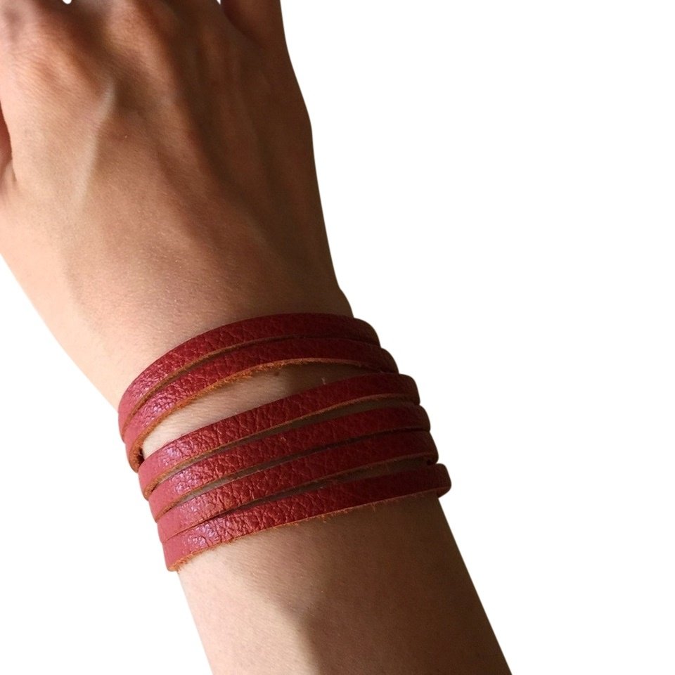 Slim Leather Strips Cuff - Rust