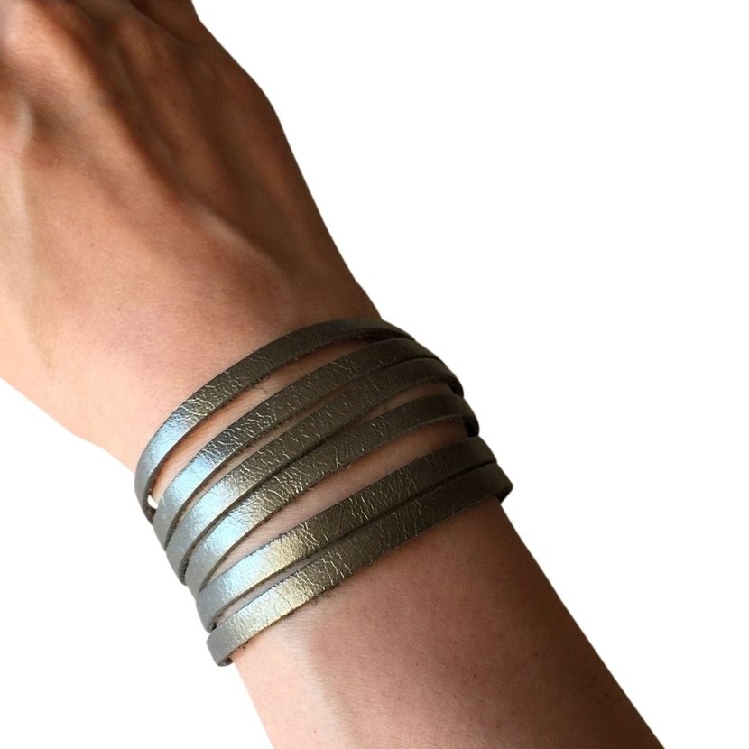 Slim Leather Strips Cuff - Pewter