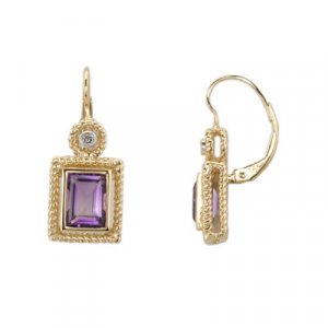 14K Yellow Gold Amethyst and Diamond Earrings