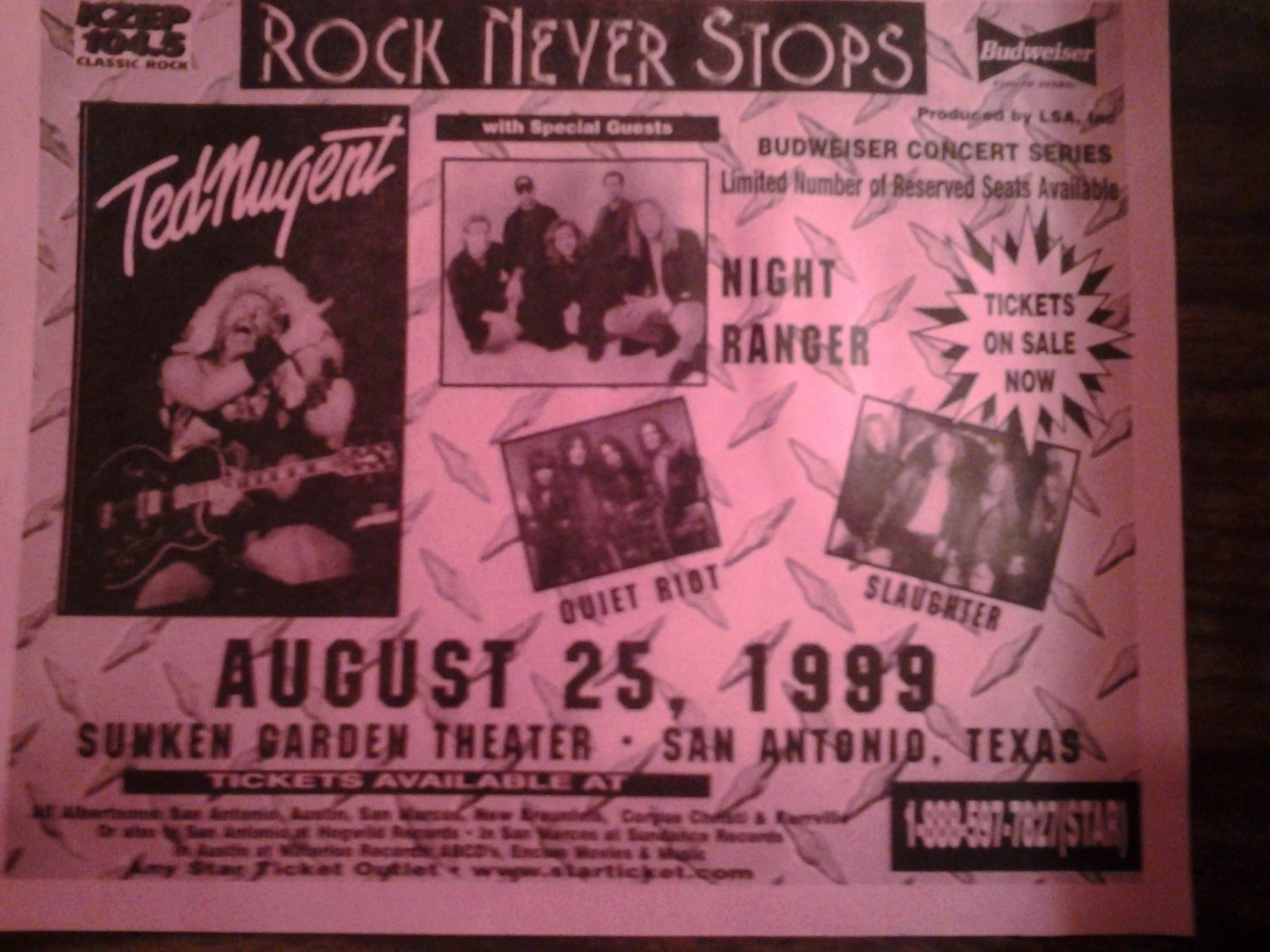 CONCERT FLYER Ted Nugent night ranger quiet riot slaughter rock never stops texas