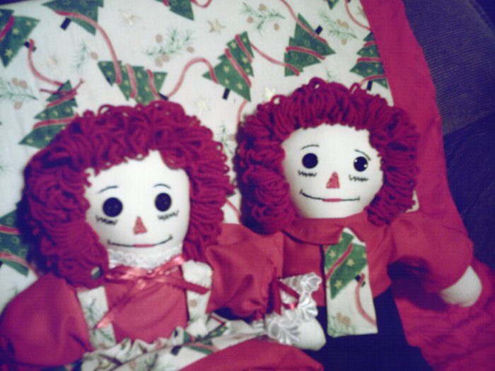 Christmas Trees One of a Kind Handmade Pair Raggedy Ann and Andy Dolls with Matching Quilt OOAK