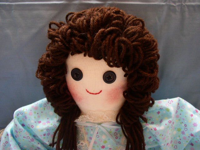 SOLD Hand made One of a Kind Cloth Girl Doll Brunette Purple Floral Handmade Dolls