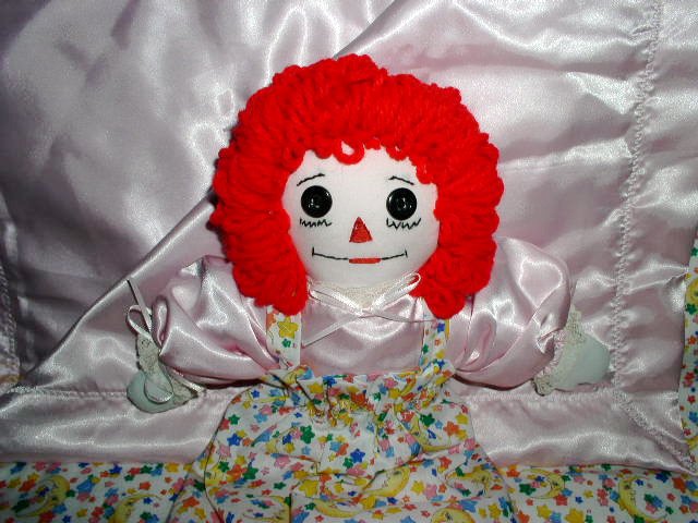 Handmade Raggedy Ann with Matching Pink Satin Quilt One of a Kind OOAK Handcrafted Dolls