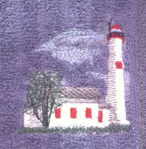 Sturgeon Point Lighhouse Machine Embroidered On White Hand Towel