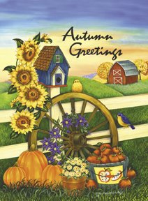 Autumn Greetings Barn Wagon Wheel Garden Mini Flag