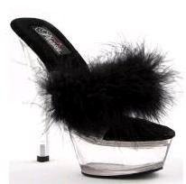 201F Black - Open toe, 5 inch spike heel, faux feather toe strap, clear heel & platform.