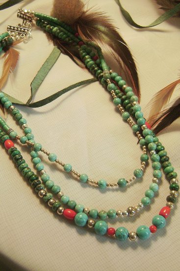 3 Strand Turquoise & Coral Necklace