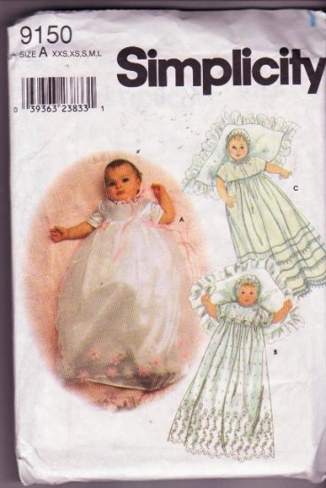 Simplicity Sewing Pattern 9150 Baby Christening Gown Slip Bonnet / Hat XXS to Large Uncut 2000