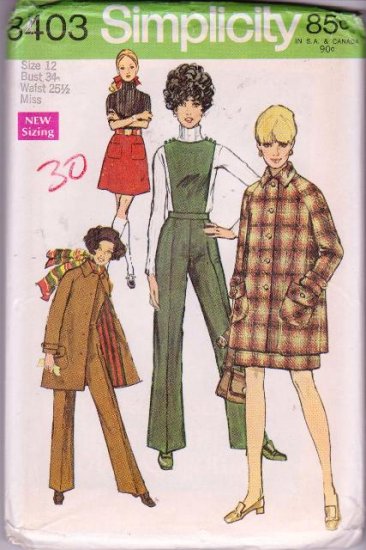 Simplicity Misses Sewing Pattern 8403 Mini-Coat Skirt Pants W/ Detachable Bib 1969 Vintage SZ 12